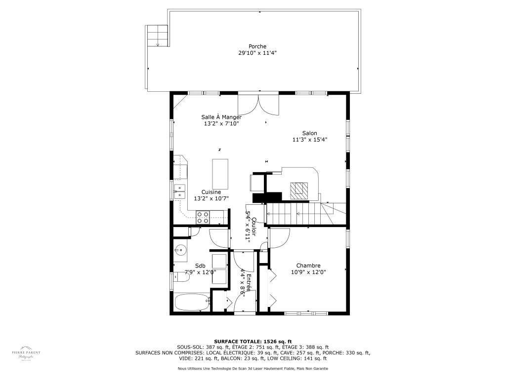 Plan d'étage noir et blanc: porche, salon, salle à manger, cuisine, chambre, salle de bain.
