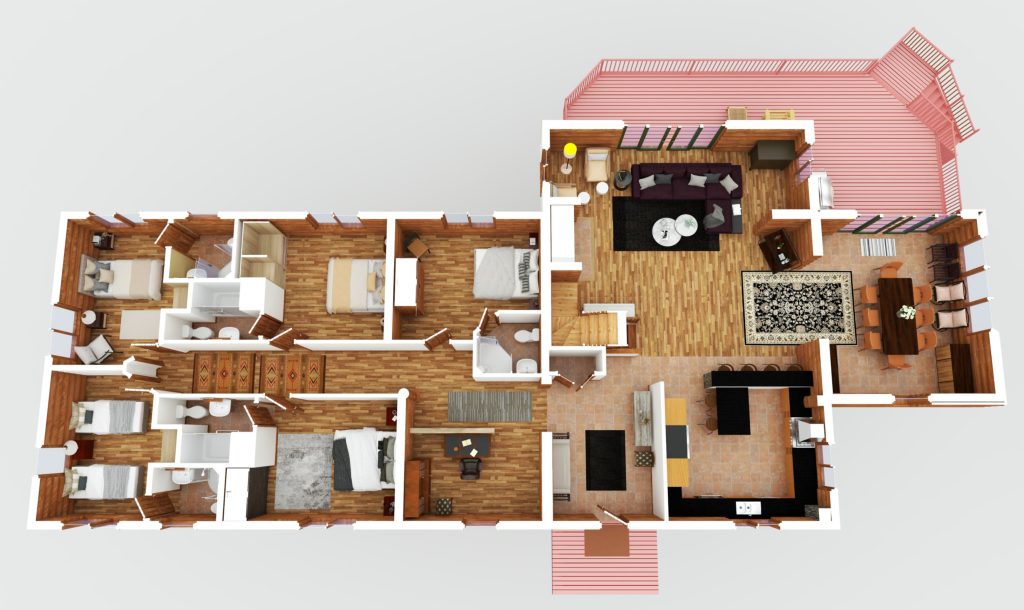 Plan 3D d'une maison: salon, cuisine, salle à manger et plusieurs chambres